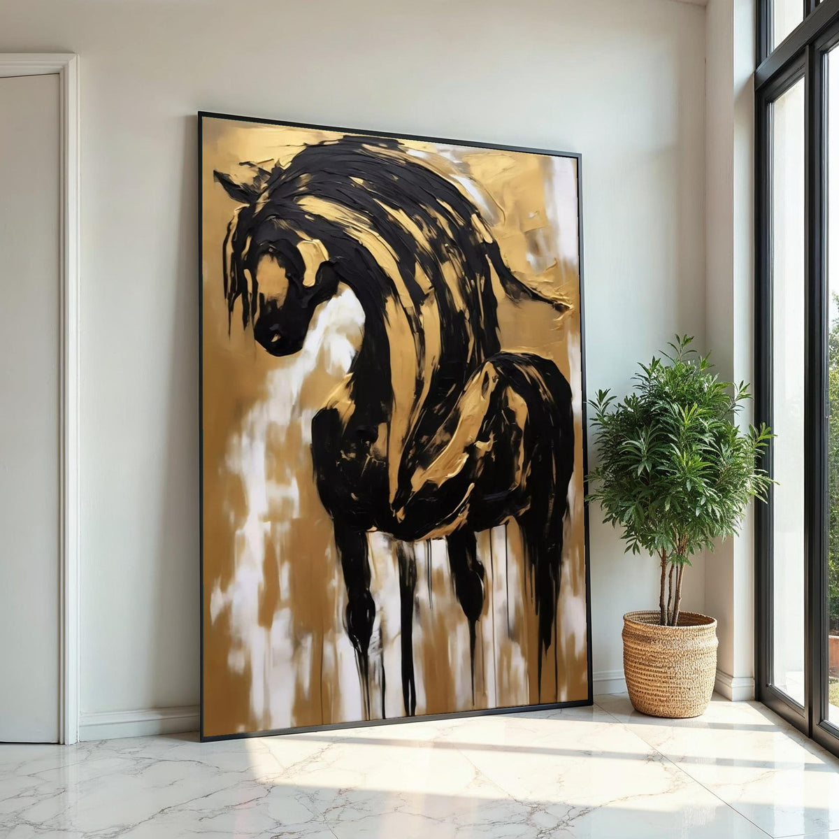 Elegant Horse Canvas, Black and Gold Horse Art, Abstract Horse Wall Print, Wall Art Canvas Design, Ready to Hang Decoration