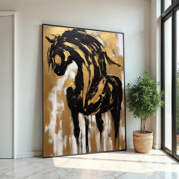 Elegant Horse Canvas, Black and Gold Horse Art, Abstract Horse Wall Print, Wall Art Canvas Design, Ready to Hang Decoration