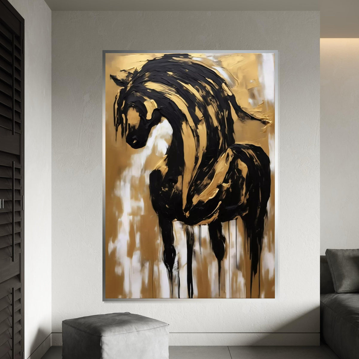 Elegant Horse Canvas, Black and Gold Horse Art, Abstract Horse Wall Print, Wall Art Canvas Design, Ready to Hang Decoration