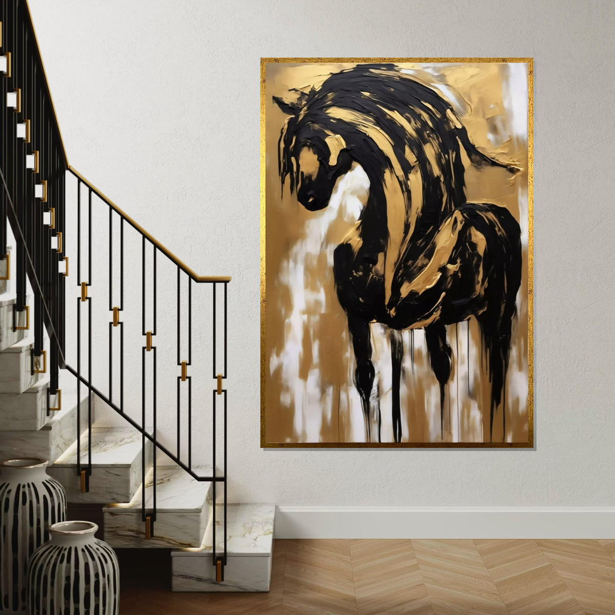 Elegant Horse Canvas, Black and Gold Horse Art, Abstract Horse Wall Print, Wall Art Canvas Design, Ready to Hang Decoration