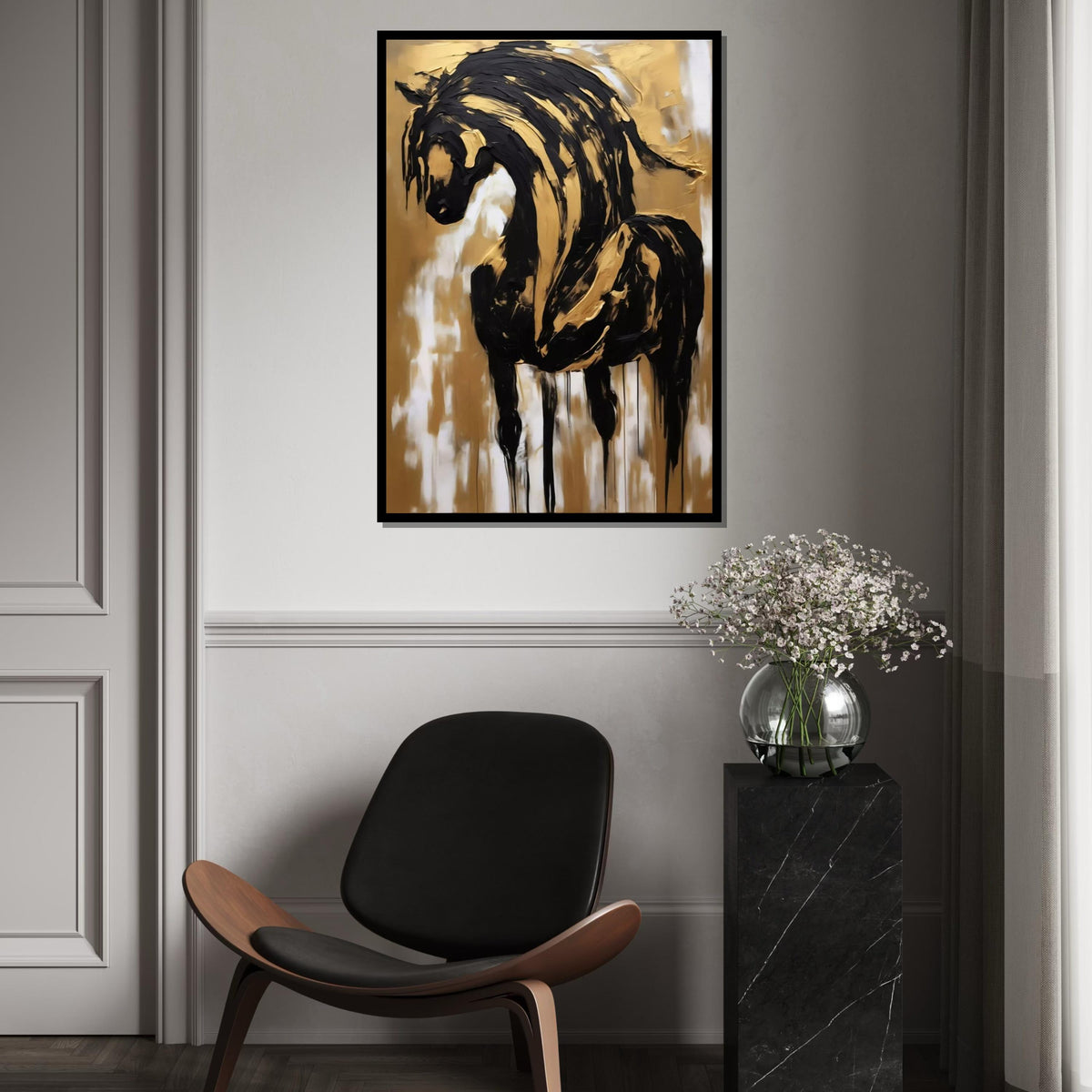 Elegant Horse Canvas, Black and Gold Horse Art, Abstract Horse Wall Print, Wall Art Canvas Design, Ready to Hang Decoration