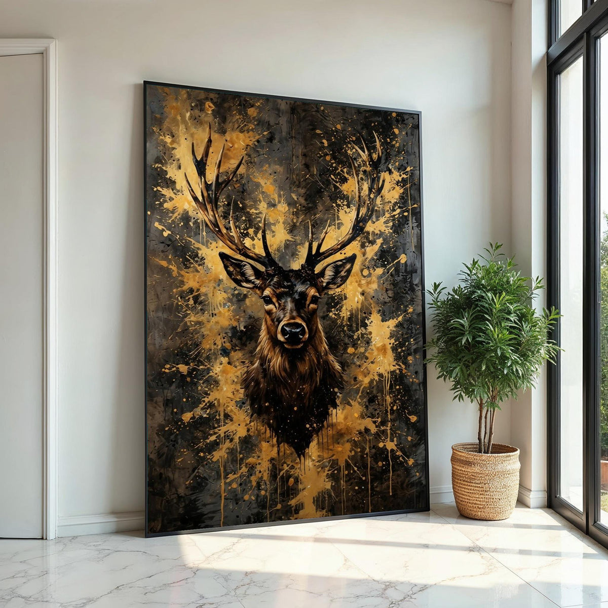Majestic Stag Canvas Art, Splatter Deer Print, Wildlife Wall Decor, Abstract Animal Canvas Design, Ready To Hang Decoration