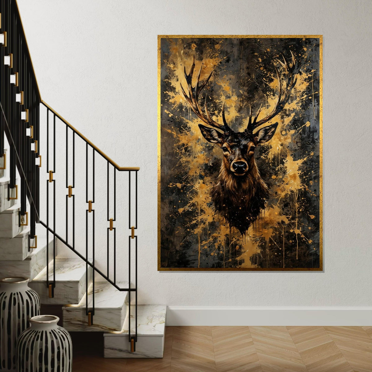 Majestic Stag Canvas Art, Splatter Deer Print, Wildlife Wall Decor, Abstract Animal Canvas Design, Ready To Hang Decoration