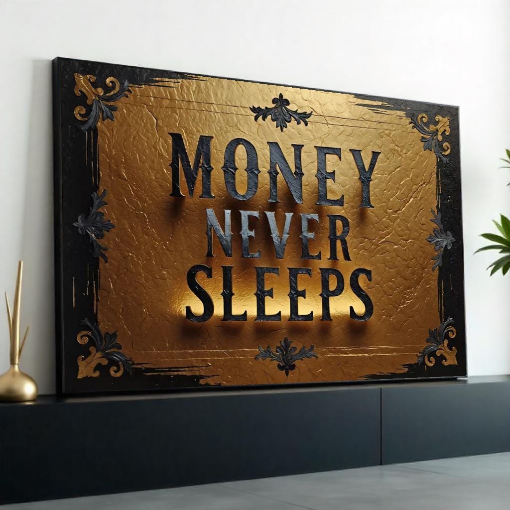 Money Never Sleeps Canvas Art, Gold Textured Wall Art, Inspirational Quote Print, Wall Art Canvas Design, Ready To Hang Decoration