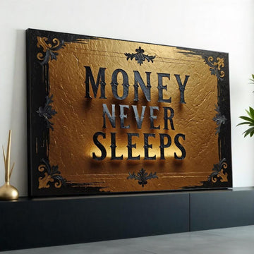 Money Never Sleeps Canvas Art, Gold Textured Wall Art, Inspirational Quote Print, Wall Art Canvas Design, Ready To Hang Decoration