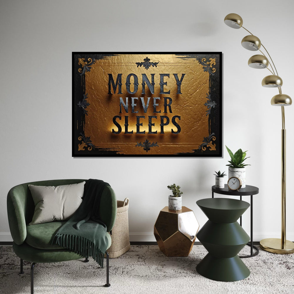 Money Never Sleeps Canvas Art, Gold Textured Wall Art, Inspirational Quote Print, Wall Art Canvas Design, Ready To Hang Decoration