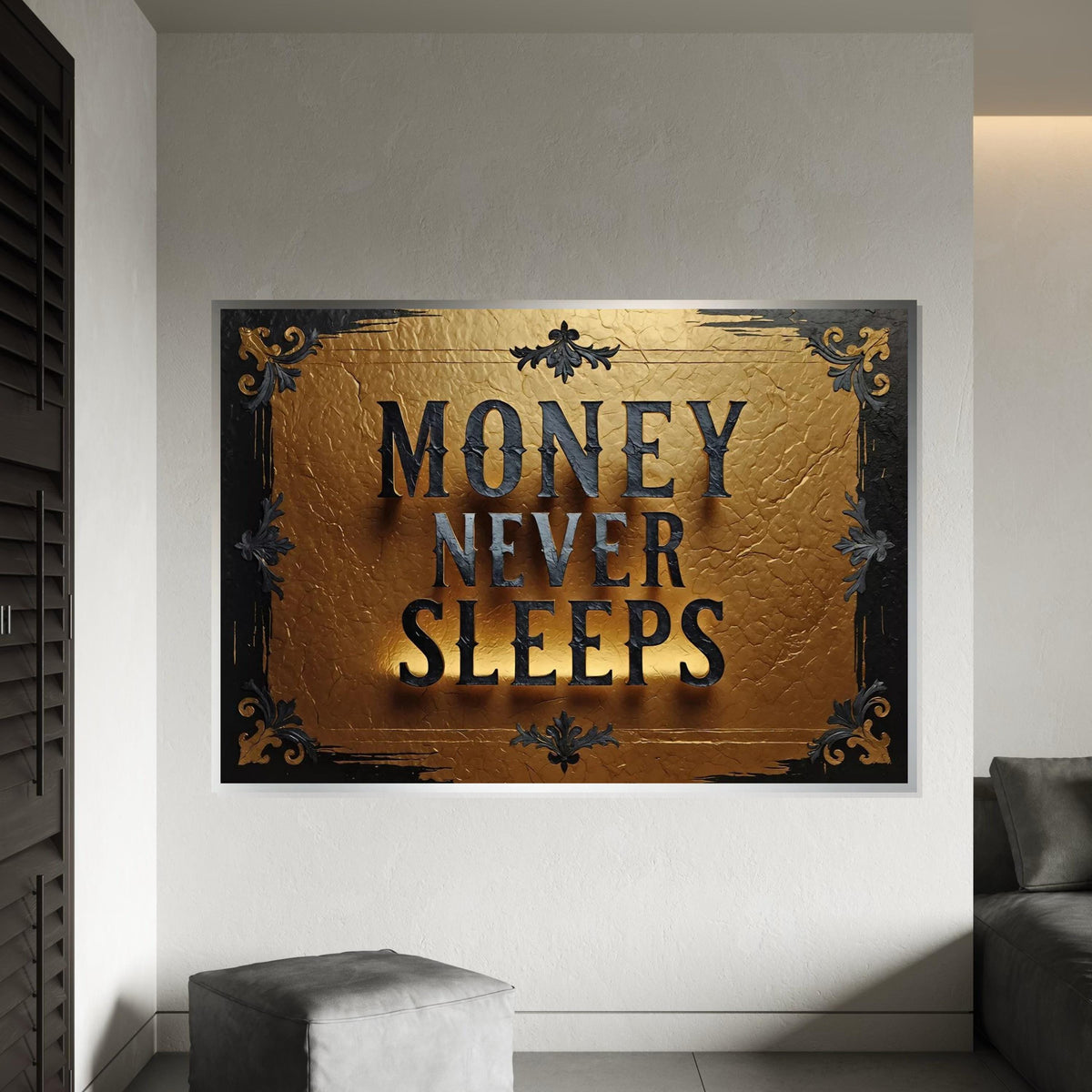 Money Never Sleeps Canvas Art, Gold Textured Wall Art, Inspirational Quote Print, Wall Art Canvas Design, Ready To Hang Decoration