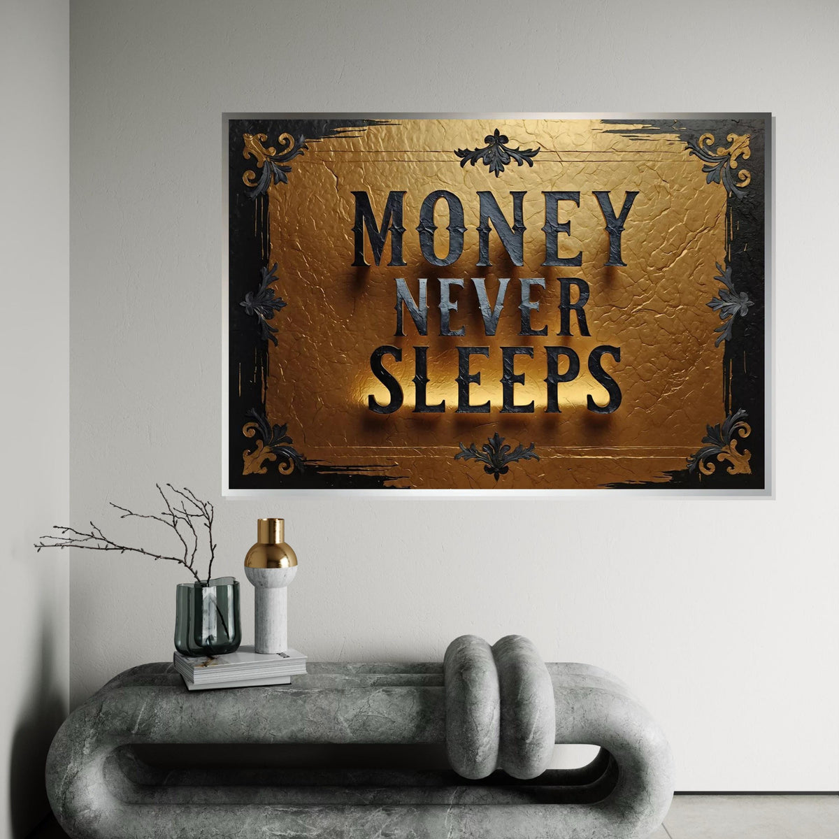 Money Never Sleeps Canvas Art, Gold Textured Wall Art, Inspirational Quote Print, Wall Art Canvas Design, Ready To Hang Decoration