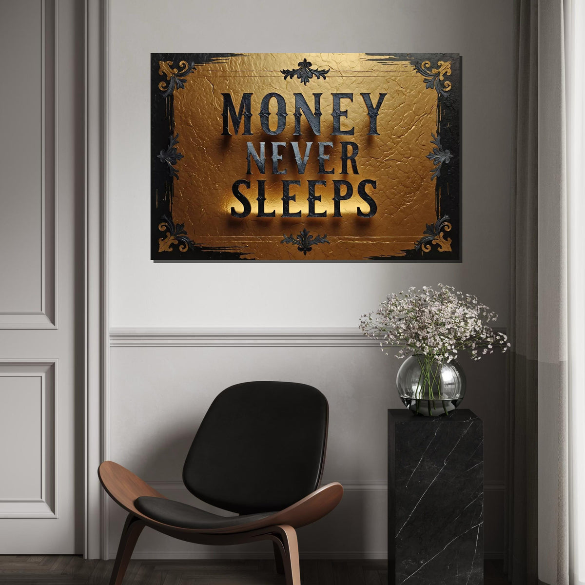 Money Never Sleeps Canvas Art, Gold Textured Wall Art, Inspirational Quote Print, Wall Art Canvas Design, Ready To Hang Decoration