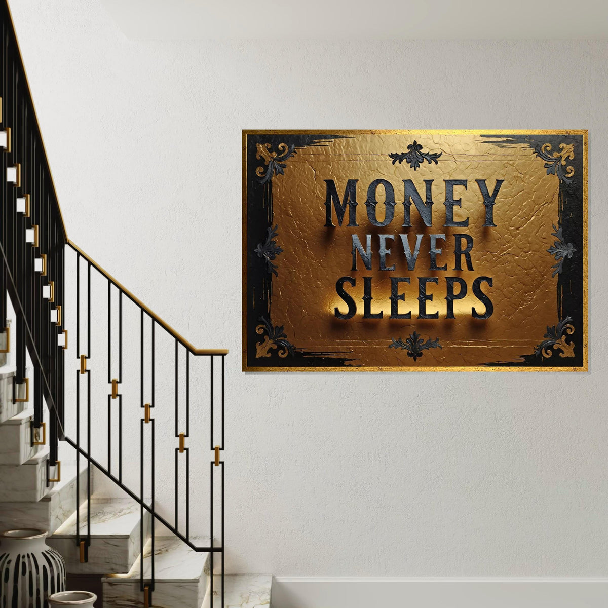 Money Never Sleeps Canvas Art, Gold Textured Wall Art, Inspirational Quote Print, Wall Art Canvas Design, Ready To Hang Decoration