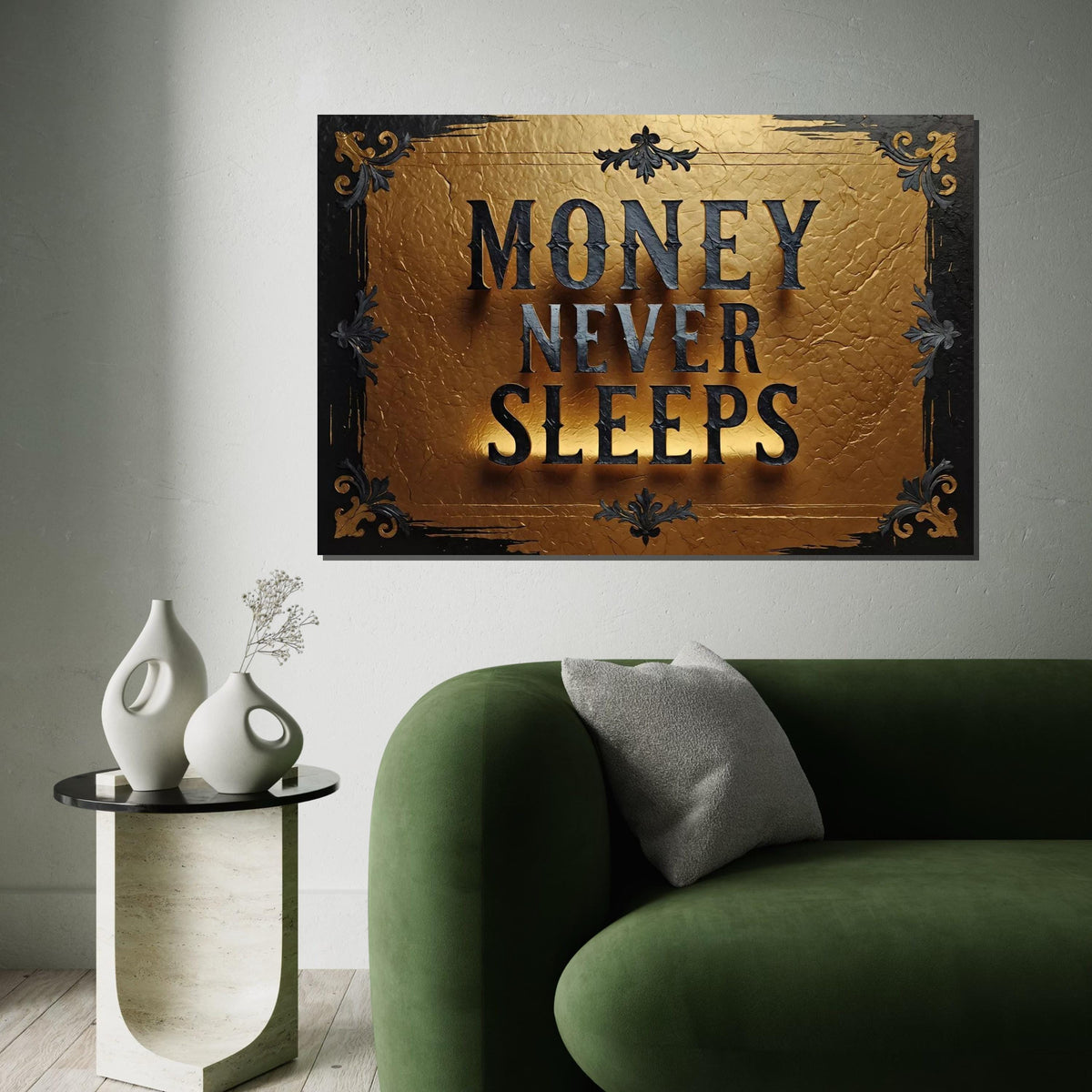 Money Never Sleeps Canvas Art, Gold Textured Wall Art, Inspirational Quote Print, Wall Art Canvas Design, Ready To Hang Decoration