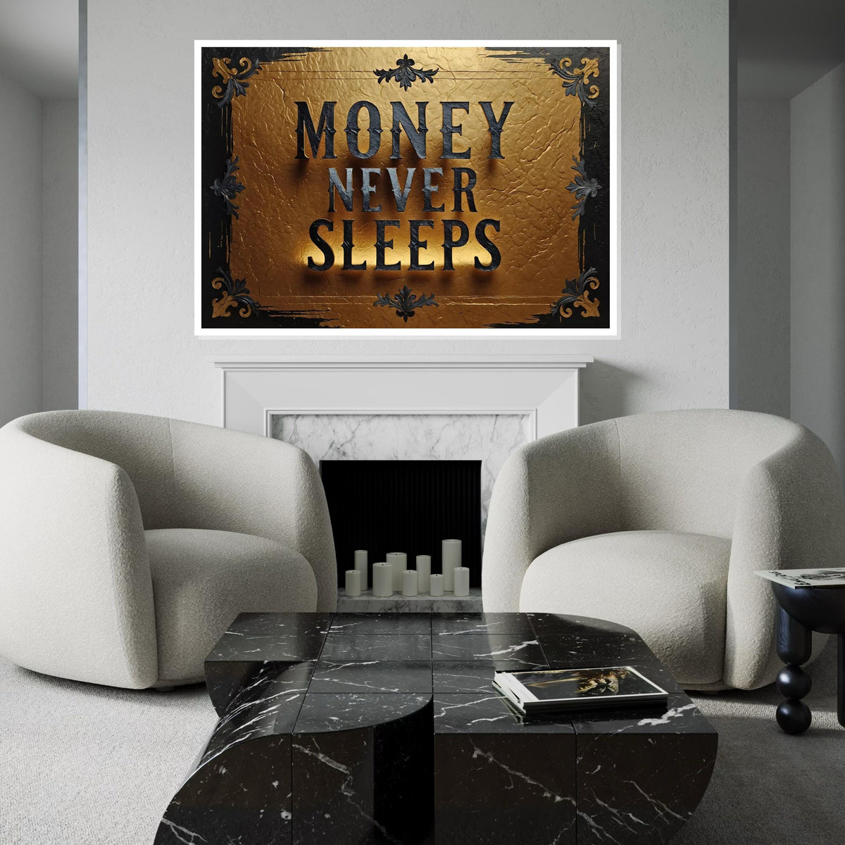 Money Never Sleeps Canvas Art, Gold Textured Wall Art, Inspirational Quote Print, Wall Art Canvas Design, Ready To Hang Decoration
