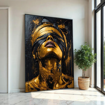 Golden Blindfolded Portrait, Surreal Gold Face Canvas, Abstract Wall Art Canvas, Modern Art Print, Ready to Hang Home Decoration