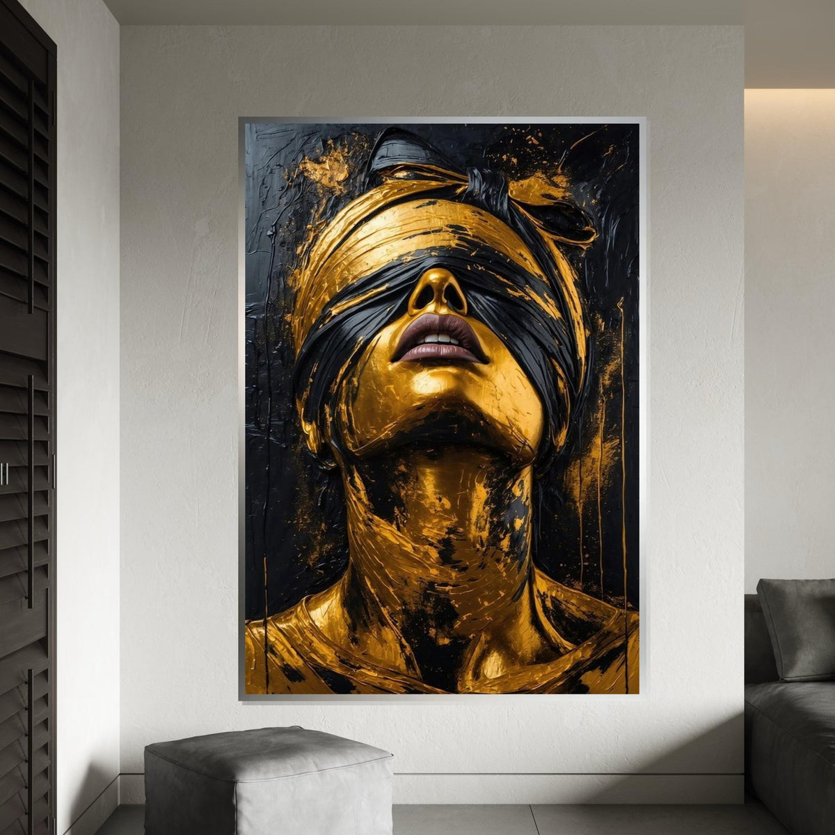 Golden Blindfolded Portrait, Surreal Gold Face Canvas, Abstract Wall Art Canvas, Modern Art Print, Ready to Hang Home Decoration