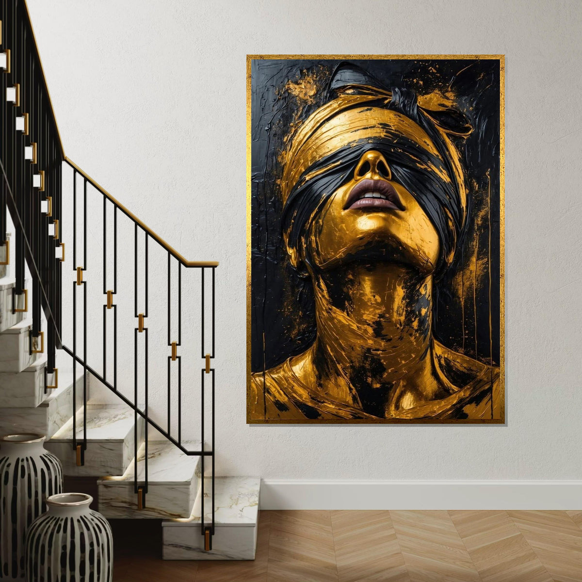 Golden Blindfolded Portrait, Surreal Gold Face Canvas, Abstract Wall Art Canvas, Modern Art Print, Ready to Hang Home Decoration