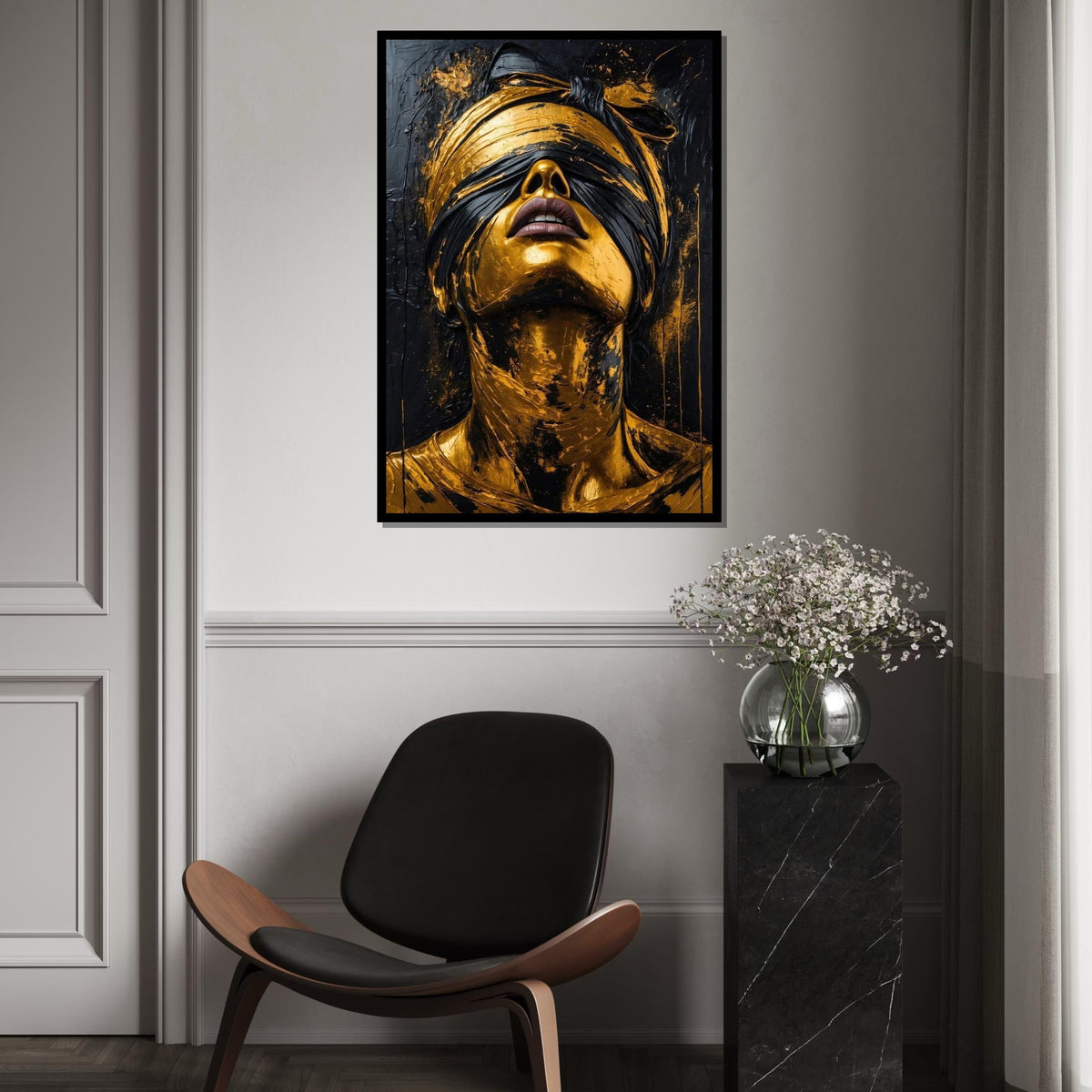 Golden Blindfolded Portrait, Surreal Gold Face Canvas, Abstract Wall Art Canvas, Modern Art Print, Ready to Hang Home Decoration