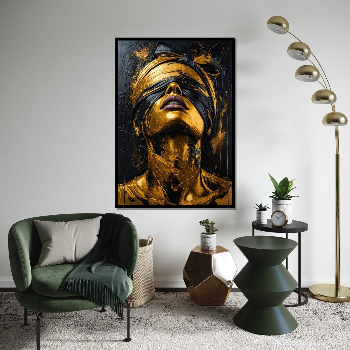 Golden Blindfolded Portrait, Surreal Gold Face Canvas, Abstract Wall Art Canvas, Modern Art Print, Ready to Hang Home Decoration