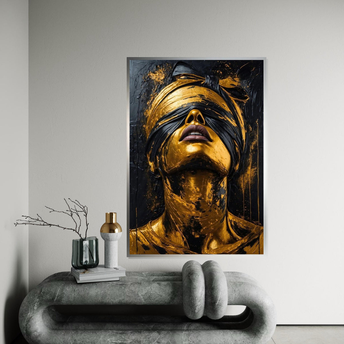 Golden Blindfolded Portrait, Surreal Gold Face Canvas, Abstract Wall Art Canvas, Modern Art Print, Ready to Hang Home Decoration