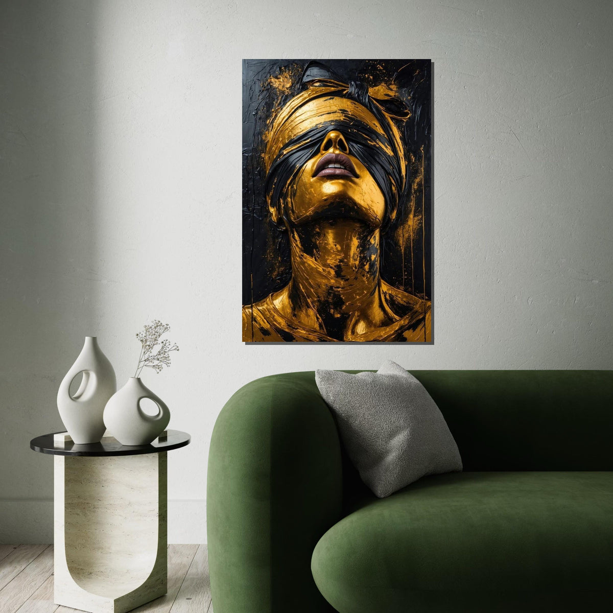 Golden Blindfolded Portrait, Surreal Gold Face Canvas, Abstract Wall Art Canvas, Modern Art Print, Ready to Hang Home Decoration