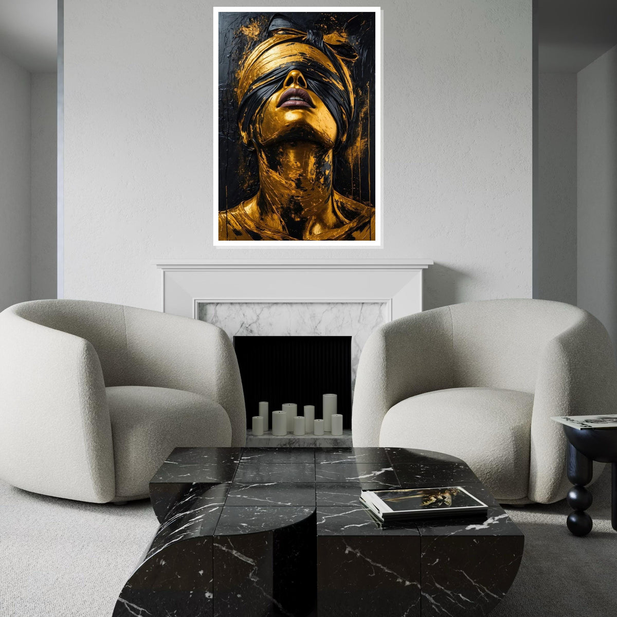 Golden Blindfolded Portrait, Surreal Gold Face Canvas, Abstract Wall Art Canvas, Modern Art Print, Ready to Hang Home Decoration