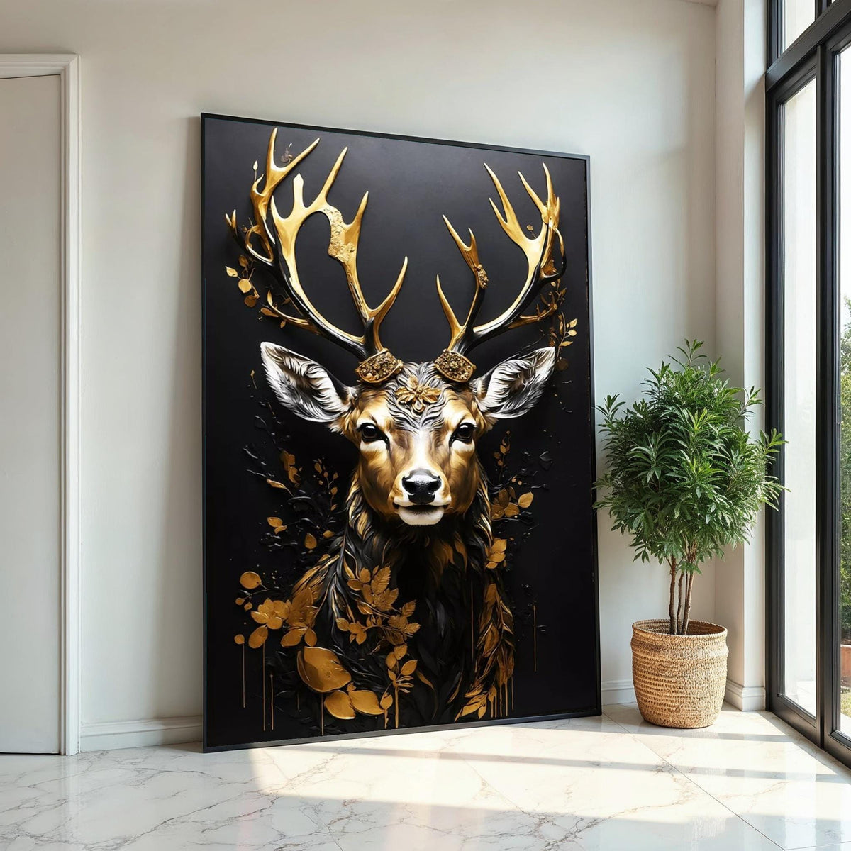 Golden Stag Canvas Art, Elegant Deer Wall Print, Animal Canvas, Luxury Wall Decor, Wall Art Canvas Design, Ready To Hang Decoration