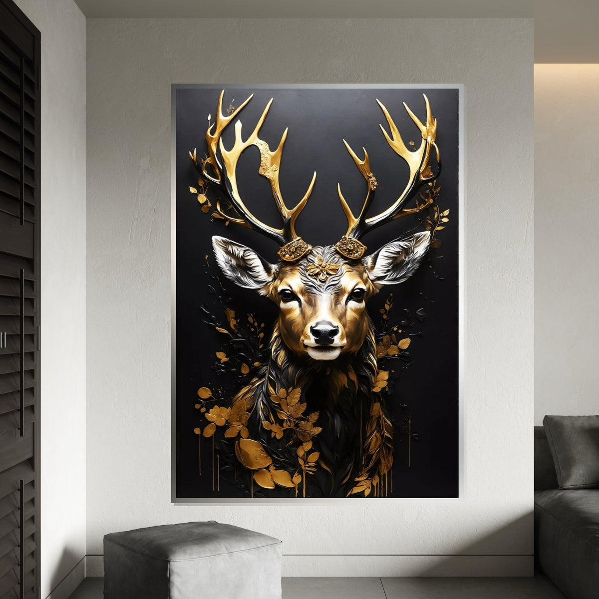 Golden Stag Canvas Art, Elegant Deer Wall Print, Animal Canvas, Luxury Wall Decor, Wall Art Canvas Design, Ready To Hang Decoration