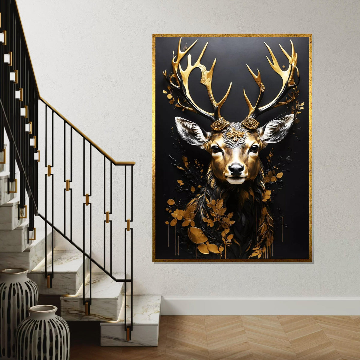 Golden Stag Canvas Art, Elegant Deer Wall Print, Animal Canvas, Luxury Wall Decor, Wall Art Canvas Design, Ready To Hang Decoration