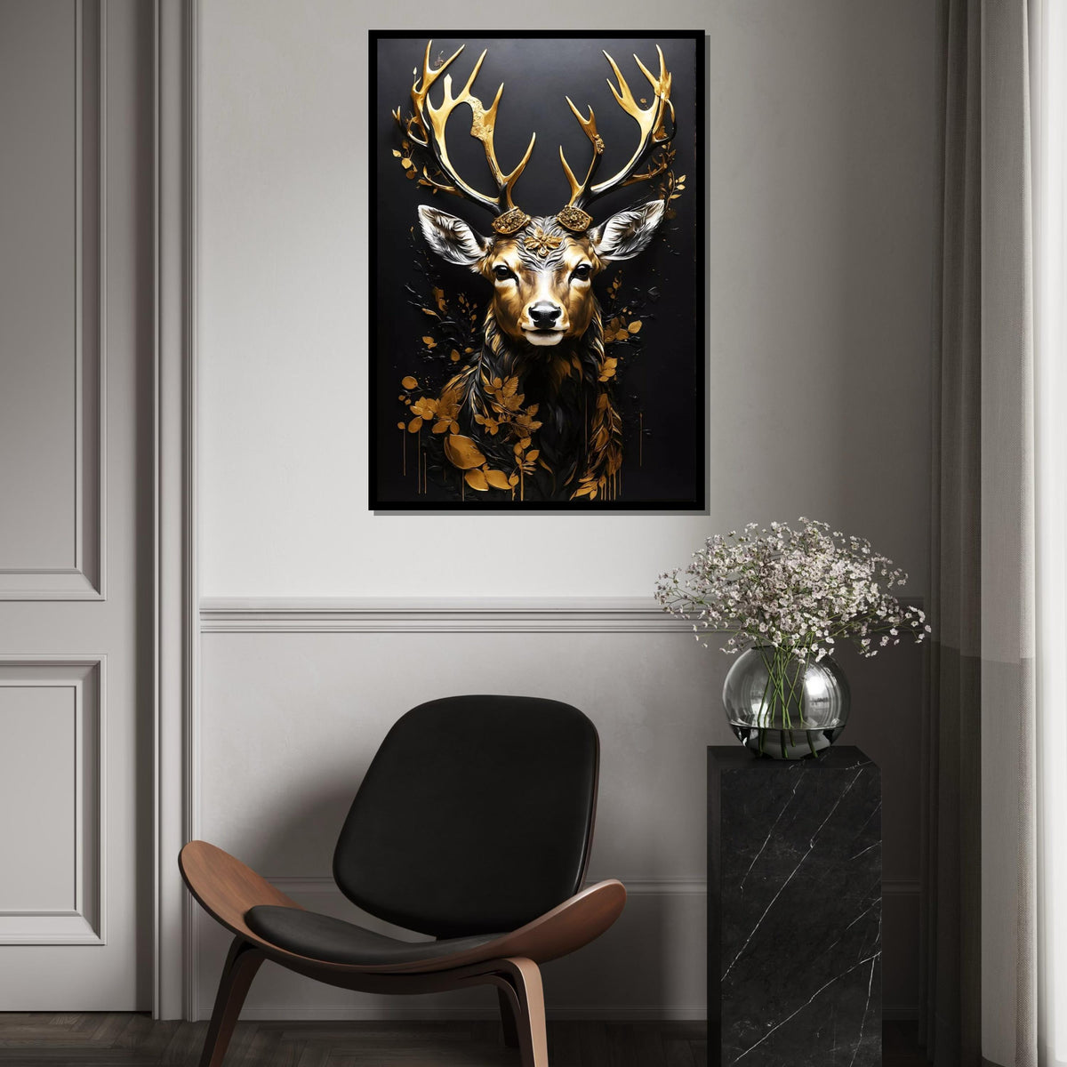 Golden Stag Canvas Art, Elegant Deer Wall Print, Animal Canvas, Luxury Wall Decor, Wall Art Canvas Design, Ready To Hang Decoration