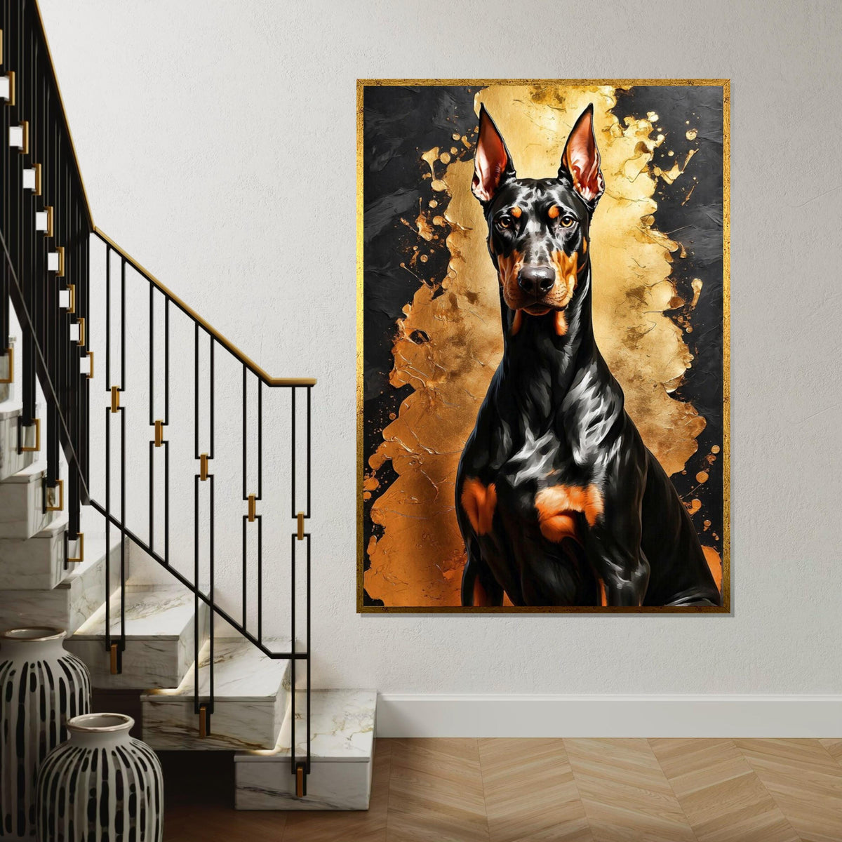 Regal Doberman Canvas, Dark Dog Art, Gold and Black Wall Art, Canvas Design, Ready To Hang Decoration