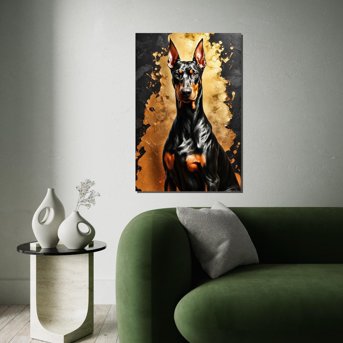 Regal Doberman Canvas, Dark Dog Art, Gold and Black Wall Art, Canvas Design, Ready To Hang Decoration