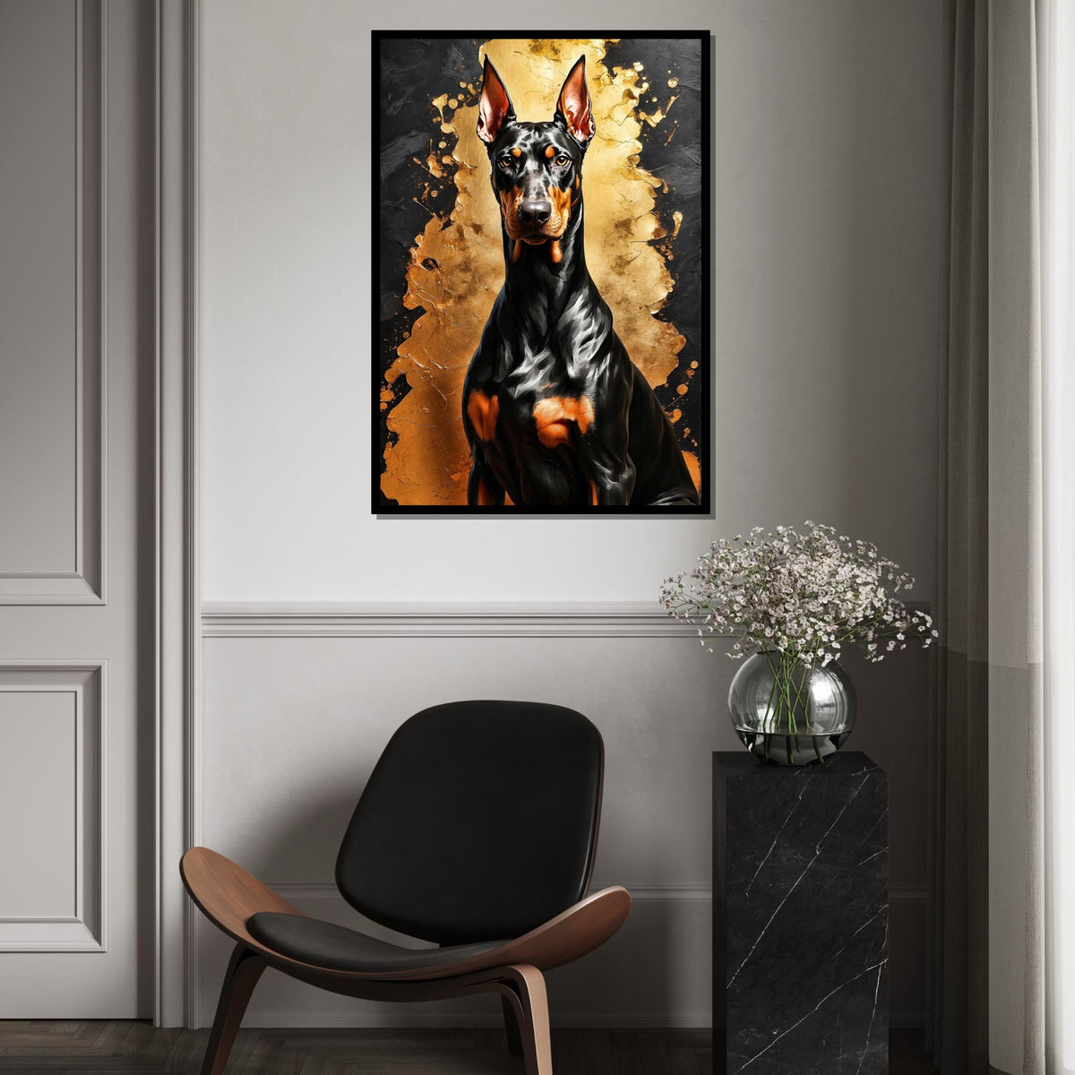 Regal Doberman Canvas, Dark Dog Art, Gold and Black Wall Art, Canvas Design, Ready To Hang Decoration