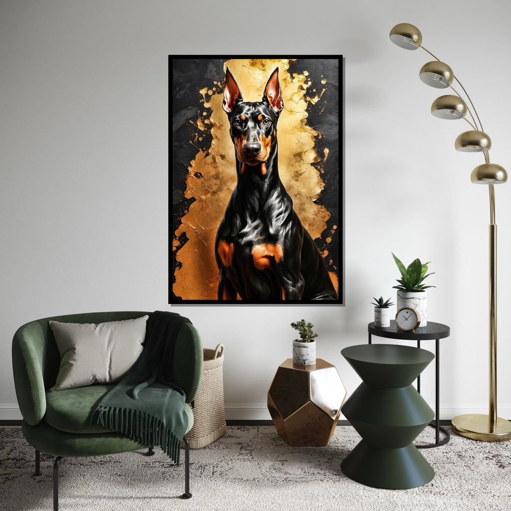 Regal Doberman Canvas, Dark Dog Art, Gold and Black Wall Art, Canvas Design, Ready To Hang Decoration