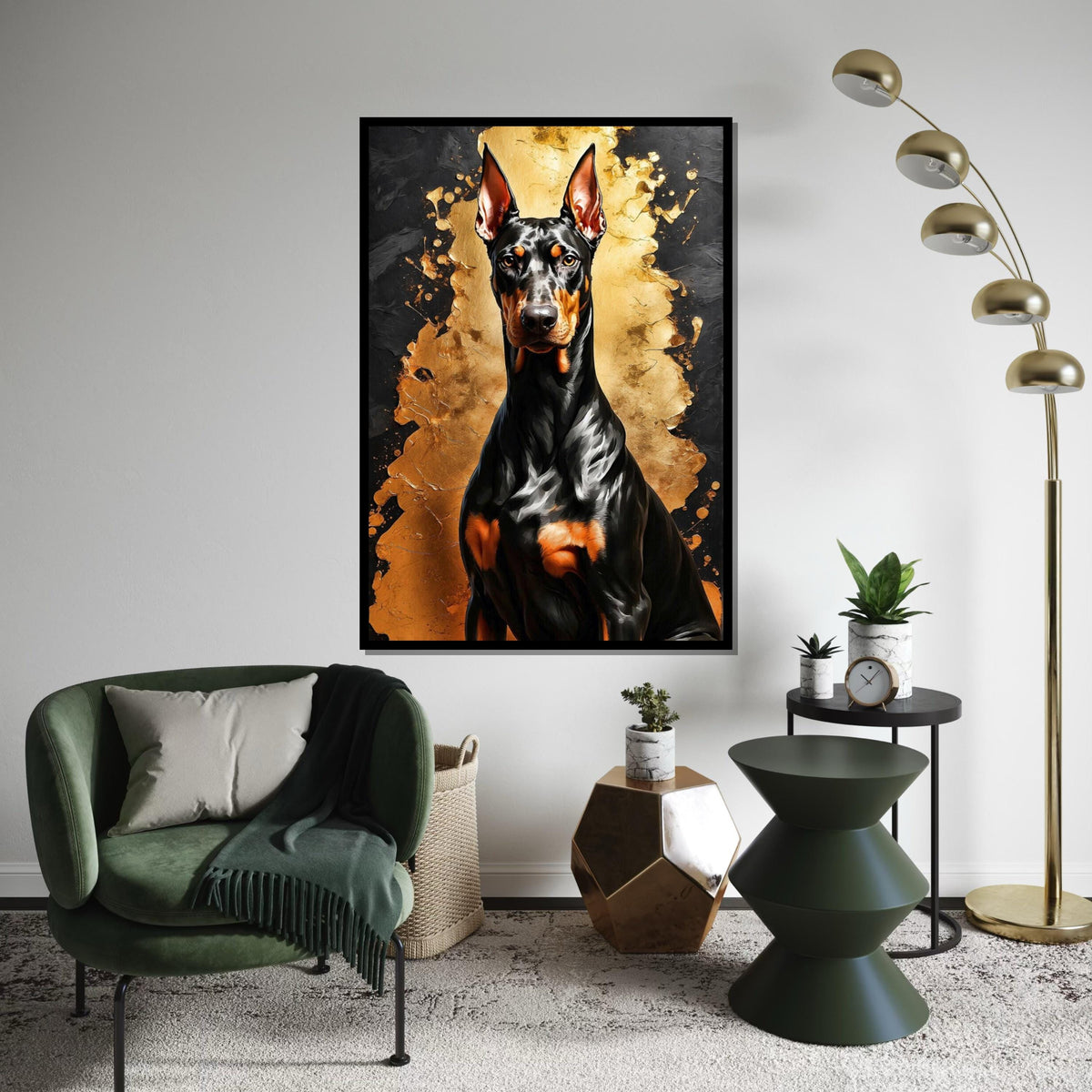 Regal Doberman Canvas, Dark Dog Art, Gold and Black Wall Art, Canvas Design, Ready To Hang Decoration