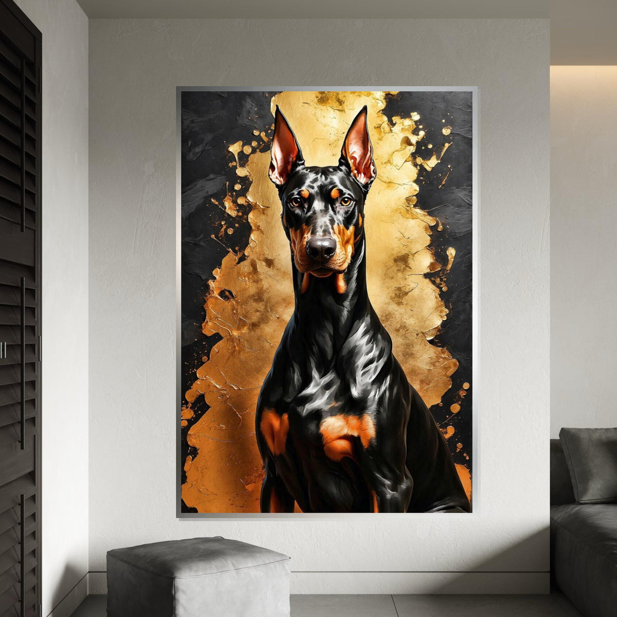 Regal Doberman Canvas, Dark Dog Art, Gold and Black Wall Art, Canvas Design, Ready To Hang Decoration