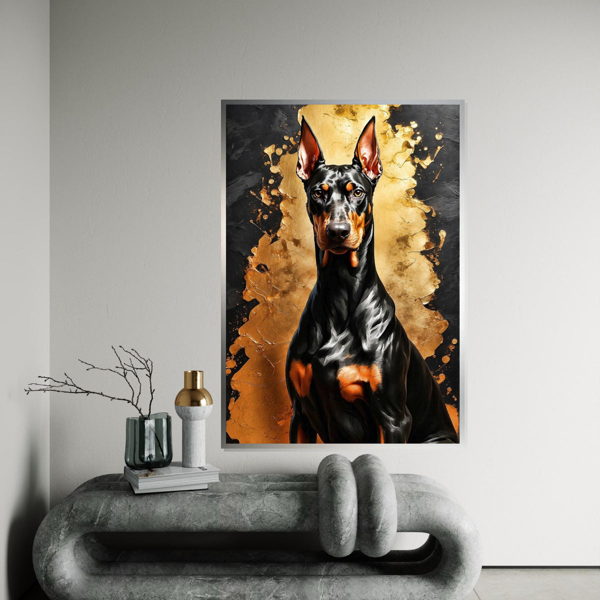 Regal Doberman Canvas, Dark Dog Art, Gold and Black Wall Art, Canvas Design, Ready To Hang Decoration