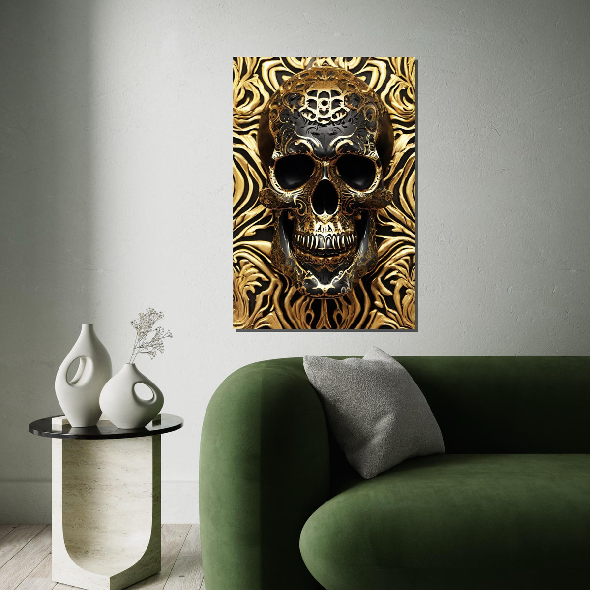 Golden Skull Canvas, Ornate Skull Art, Gothic Wall Art, Luxury Skull Print, Intricate Design, Wall Decor, Ready To Hang, 3D Canvas Art