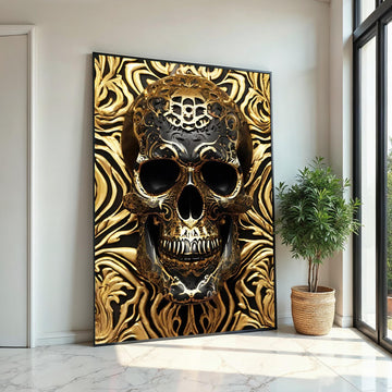 Golden Skull Canvas, Ornate Skull Art, Gothic Wall Art, Luxury Skull Print, Intricate Design, Wall Decor, Ready To Hang, 3D Canvas Art