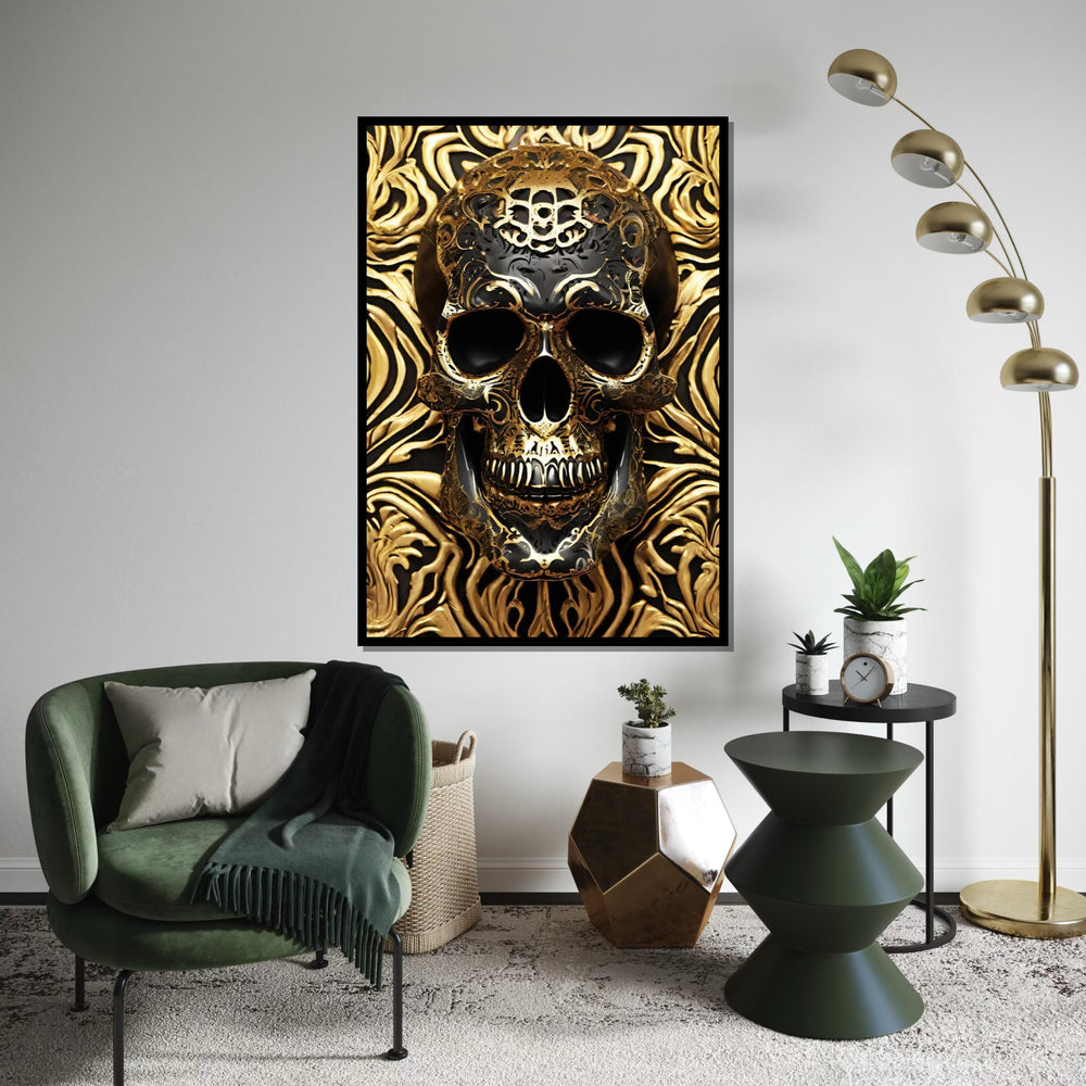 Golden Skull Canvas, Ornate Skull Art, Gothic Wall Art, Luxury Skull Print, Intricate Design, Wall Decor, Ready To Hang, 3D Canvas Art