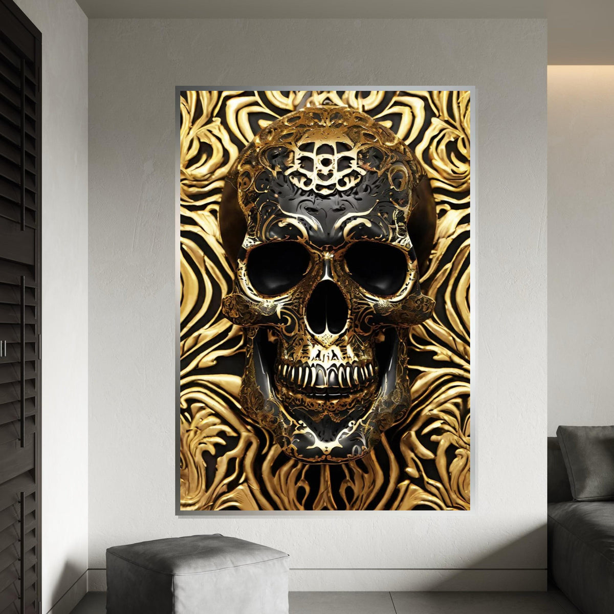 Golden Skull Canvas, Ornate Skull Art, Gothic Wall Art, Luxury Skull Print, Intricate Design, Wall Decor, Ready To Hang, 3D Canvas Art