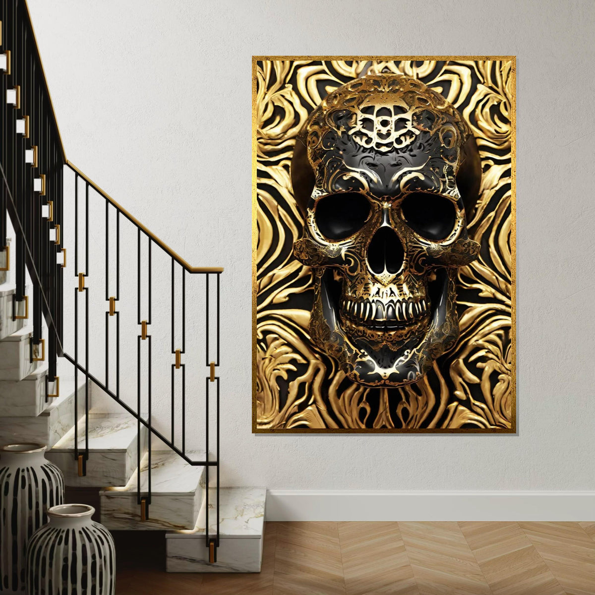 Golden Skull Canvas, Ornate Skull Art, Gothic Wall Art, Luxury Skull Print, Intricate Design, Wall Decor, Ready To Hang, 3D Canvas Art