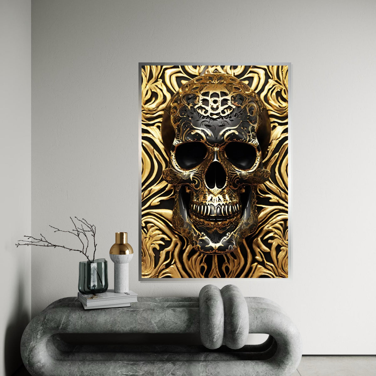 Golden Skull Canvas, Ornate Skull Art, Gothic Wall Art, Luxury Skull Print, Intricate Design, Wall Decor, Ready To Hang, 3D Canvas Art