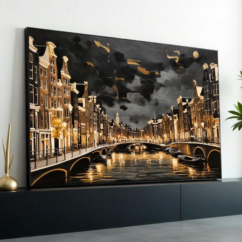 Amsterdam Canal Nightscape, Cityscape Canvas, Golden Glow Art, Wall Art Canvas Design, Ready To Hang Decoration, Urban Scene Canvas