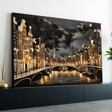 Amsterdam Canal Nightscape, Cityscape Canvas, Golden Glow Art, Wall Art Canvas Design, Ready To Hang Decoration, Urban Scene Canvas
