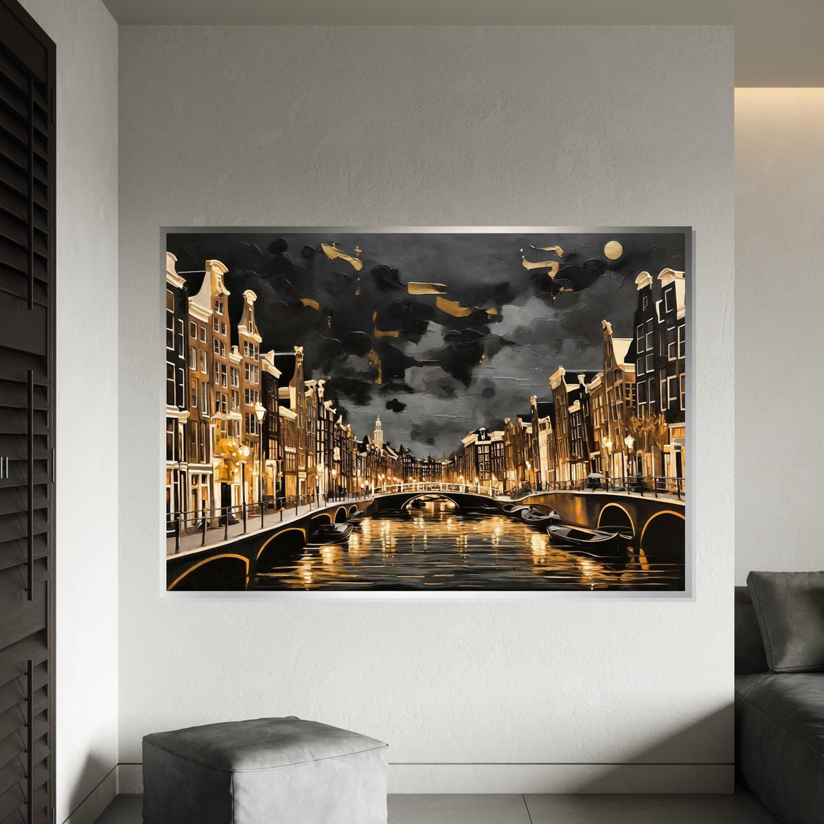 Amsterdam Canal Nightscape, Cityscape Canvas, Golden Glow Art, Wall Art Canvas Design, Ready To Hang Decoration, Urban Scene Canvas