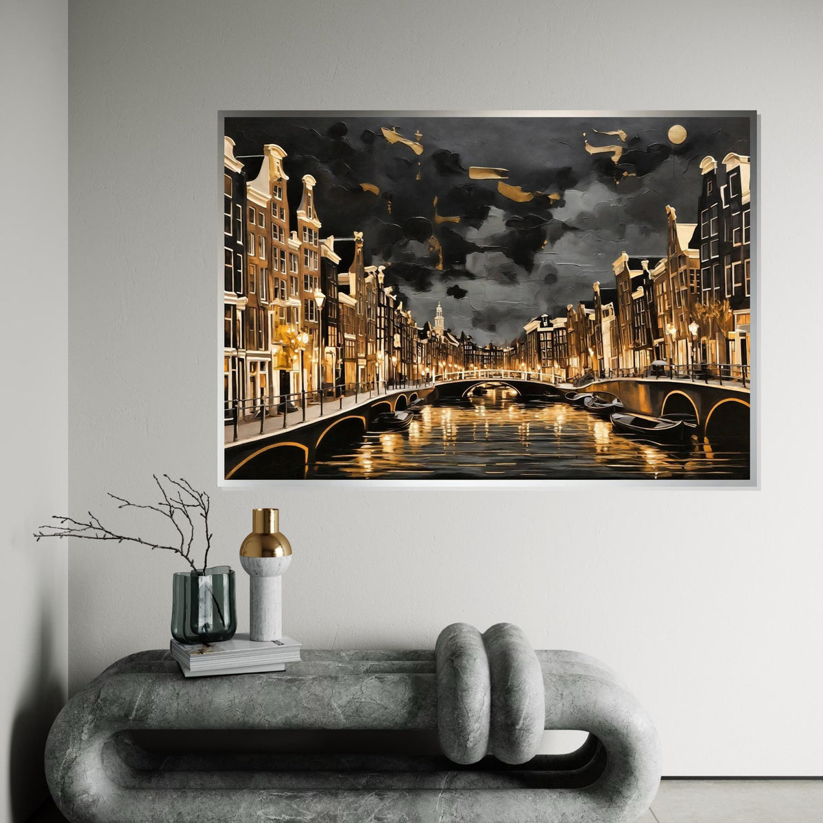 Amsterdam Canal Nightscape, Cityscape Canvas, Golden Glow Art, Wall Art Canvas Design, Ready To Hang Decoration, Urban Scene Canvas