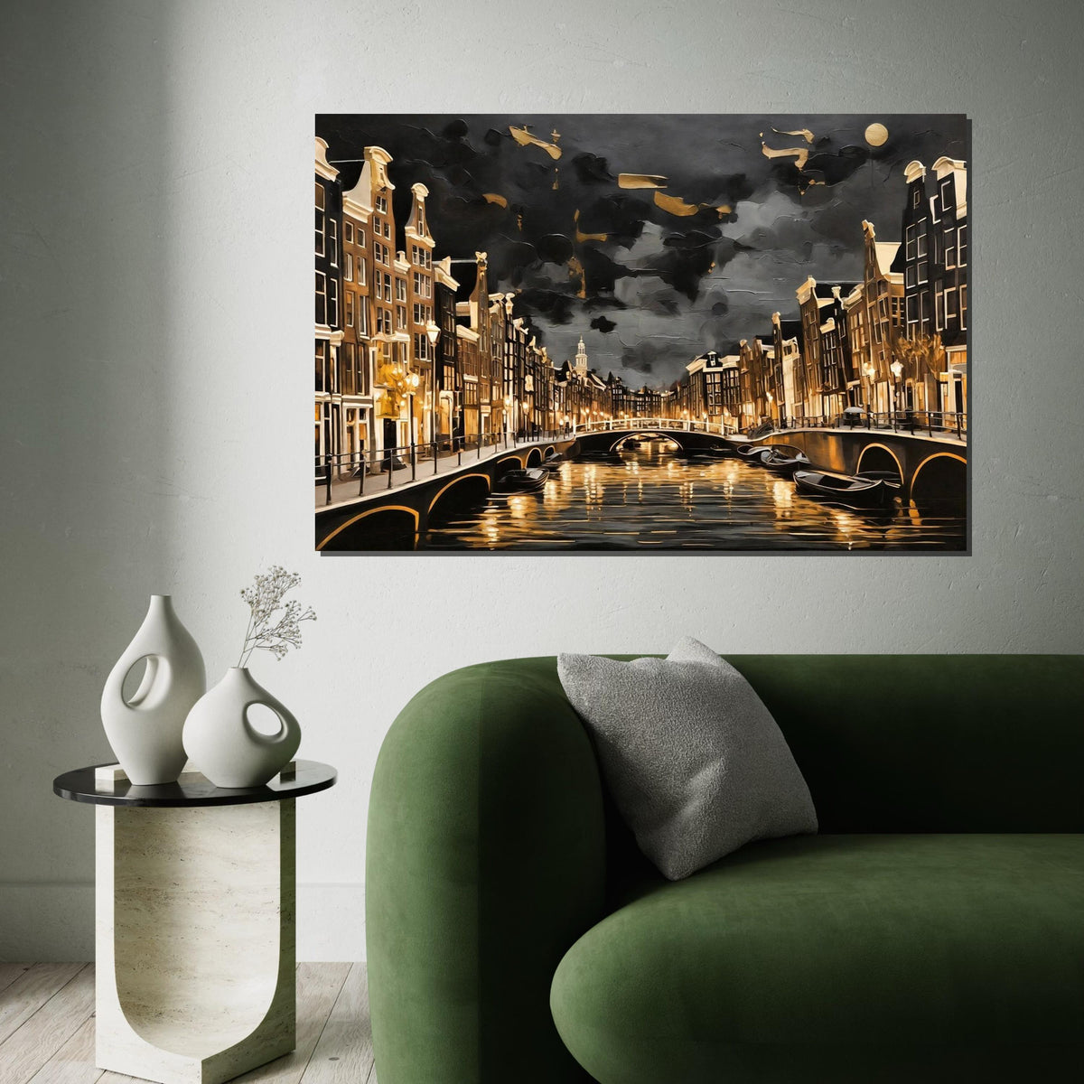 Amsterdam Canal Nightscape, Cityscape Canvas, Golden Glow Art, Wall Art Canvas Design, Ready To Hang Decoration, Urban Scene Canvas