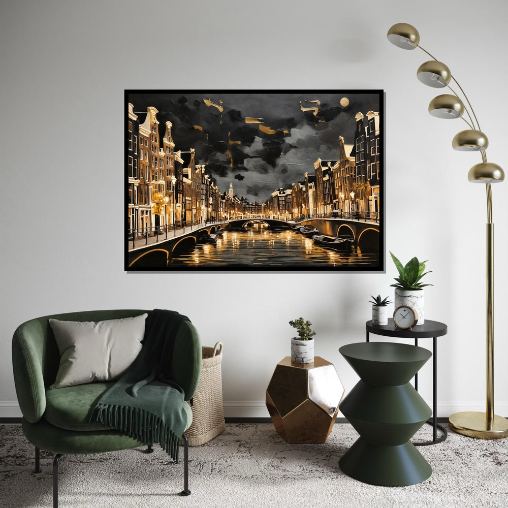 Amsterdam Canal Nightscape, Cityscape Canvas, Golden Glow Art, Wall Art Canvas Design, Ready To Hang Decoration, Urban Scene Canvas