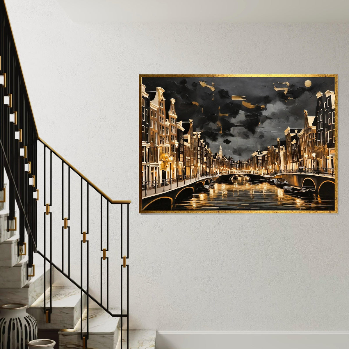 Amsterdam Canal Nightscape, Cityscape Canvas, Golden Glow Art, Wall Art Canvas Design, Ready To Hang Decoration, Urban Scene Canvas