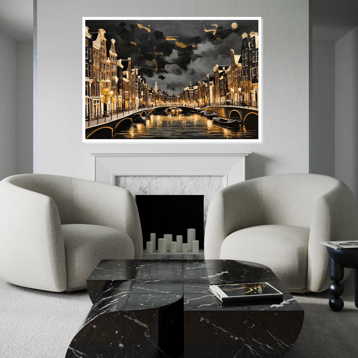 Amsterdam Canal Nightscape, Cityscape Canvas, Golden Glow Art, Wall Art Canvas Design, Ready To Hang Decoration, Urban Scene Canvas