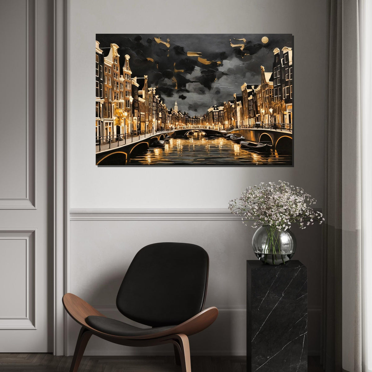 Amsterdam Canal Nightscape, Cityscape Canvas, Golden Glow Art, Wall Art Canvas Design, Ready To Hang Decoration, Urban Scene Canvas